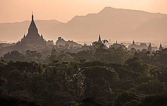 风景,塔,庙宇,地点,逆光,夜光,蒲甘,曼德勒省,缅甸,亚洲