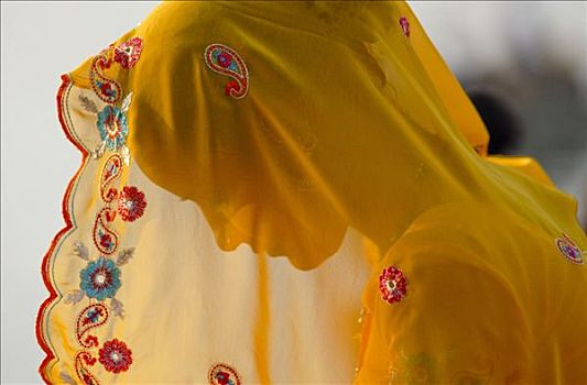 女人,穿,黄色,纱丽,朝圣,节日,拉贾斯坦邦,北印度,亚洲
