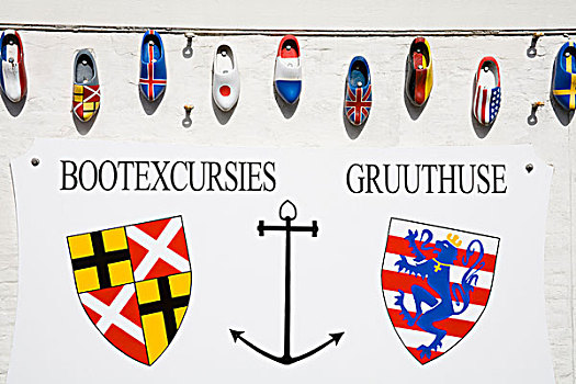 木底鞋,国旗,涂绘,游船,码头,布鲁日,比利时