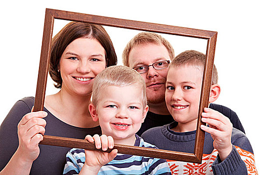 微笑,家庭,两个,儿子,看穿,空,画框