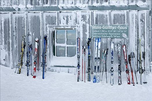 滑雪,靠着,墙壁,山区木屋,山,施蒂里亚,奥地利