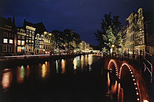 荷兰,阿姆斯特丹,运河,房子,桥,晚间,大幅,尺寸