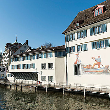 壁画,涂绘,建筑,水边,苏黎世,瑞士