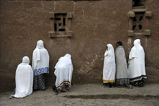 埃塞俄比亚,东正教,女人,穿,白色,祈祷,正面,墙壁,独块巨石,教堂,拉里贝拉,非洲