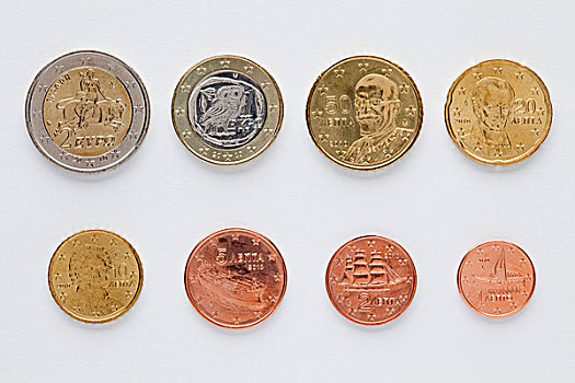 希腊,欧元硬币,放置,数字,顺序,后视图