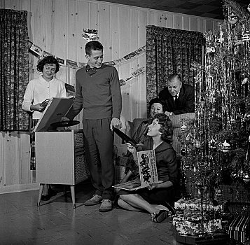家庭,演奏,唱片,唱机,圣诞树
