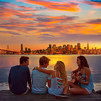 朋友,群体,弹吉他,日落,码头,黄昏,旧金山,照片