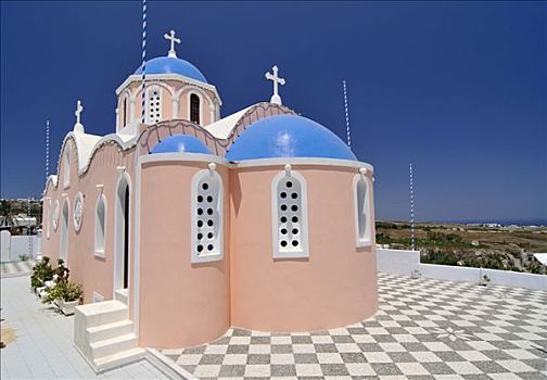 粉色,希腊,教堂,蓝色,圆顶,锡拉岛,基克拉迪群岛,欧洲