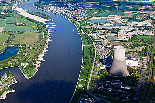 航拍,湖,左边,核电站,右边,砾石,开采,上面,莱茵河,莱茵河中游,莱茵兰普法尔茨州,德国,欧洲