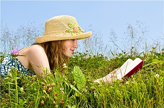 女孩,读,书本,草地