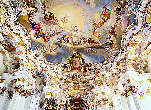 天花板,朝拜,教堂,维斯,世界遗产,巴伐利亚,德国,欧洲