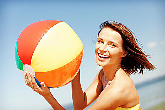 暑假,度假,海滩,活动,概念,女孩,比基尼,玩,球