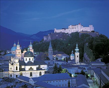 奥地利,夜晚,咖啡,教堂塔楼,霍亨萨尔斯堡城堡,城堡