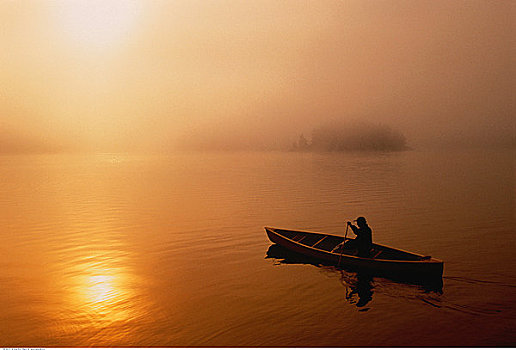 男人,独木舟,日出,钻石湖,泰马加密,安大略省,加拿大