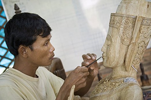 男人,雕刻,木头,雕塑,收获,柬埔寨