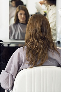 美发师,吹干,女人,头发,吹风机,沙龙,后视图,反射,镜子