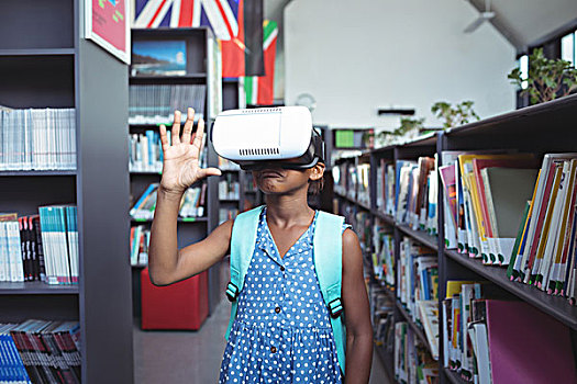 女孩,手势,穿,虚拟现实,图书馆