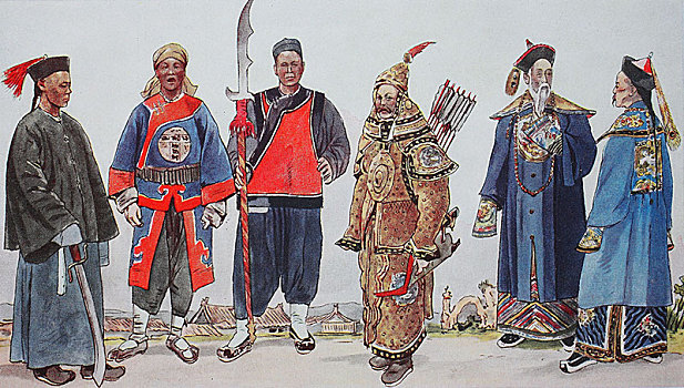 衣服,时尚,中国,19世纪,传统服饰,左边,军官,军人,东方,土耳其斯坦,将军,骑兵,服饰,两个,插画