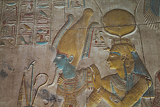 浅浮雕,拉美西斯二世,左边,女神,哈索尔,右边,庙宇,阿比杜斯,埃及