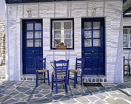 希腊,住宅,桌子,椅子,房子,度假屋,平台,屋顶,建筑,特色,蓝色,白色,无人,舒适,度假,户外