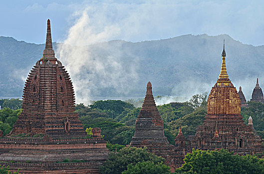 烟,上升,庙宇,塔,蒲甘,缅甸,东南亚,亚洲