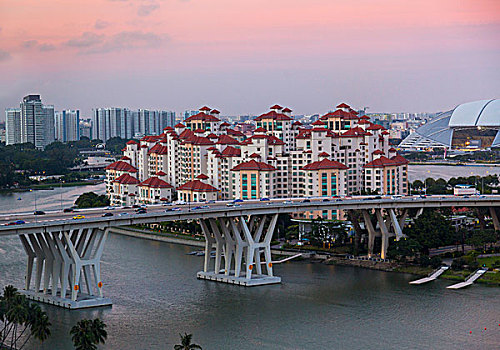 城市,公路,桥,公寓,黄昏,新加坡,东南亚