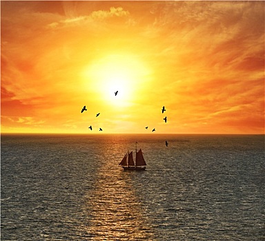 帆船,日落