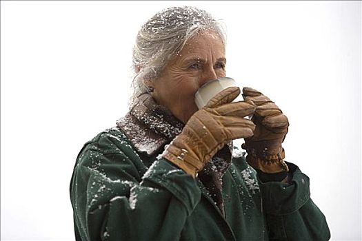 老年,女人,喝,咖啡杯