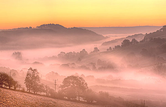 薄雾,霜,山谷,日出,靠近,波厄斯郡,威尔士,英国,欧洲