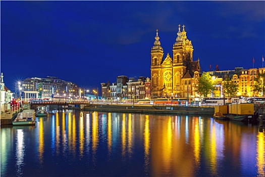 夜晚,阿姆斯特丹,运河,大教堂,圣徒