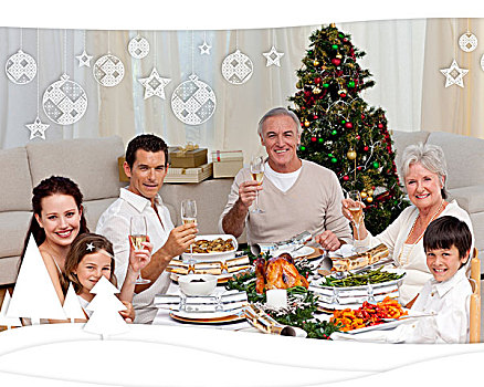 家庭,祝酒,白葡萄酒,圣诞晚餐