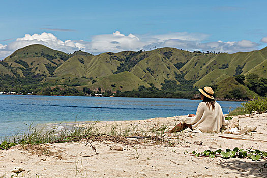 坐,海滩,印度尼西亚,岛屿,女人,放松