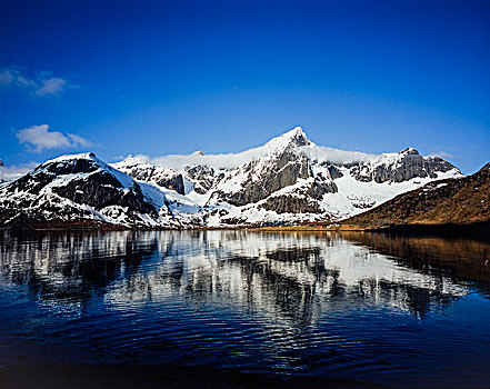 积雪,山,影象,水,峡湾,前景,蓝天,上方,晴天,挪威