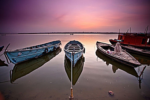 泊船,恒河,日落,瓦腊纳西,印度