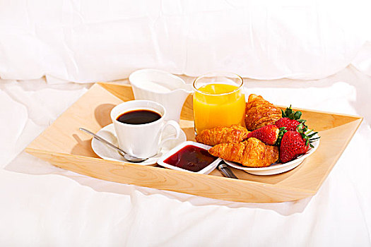 床上早餐,咖啡,牛角面包,果汁