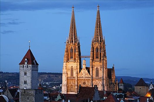 金色,塔,大教堂,圣三一教堂,雷根斯堡,巴伐利亚,德国