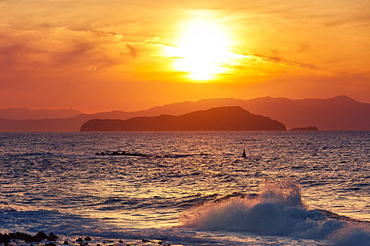 海洋,日落,哈尼亚,克里特岛,希腊