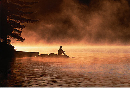 男人,坐,黎明,阿尔冈金省立公园,安大略省,加拿大