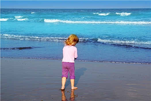 小,金发,海滩,女孩,后视图,海洋,青绿色