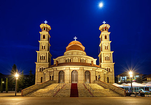 光亮,东正教,大教堂,夜晚,阿尔巴尼亚,欧洲