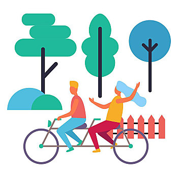 男孩,女孩,一对,自行车,隔绝,插画,少男,矢量,白色背景,象征,不同,茂密,树,灌木丛,木篱