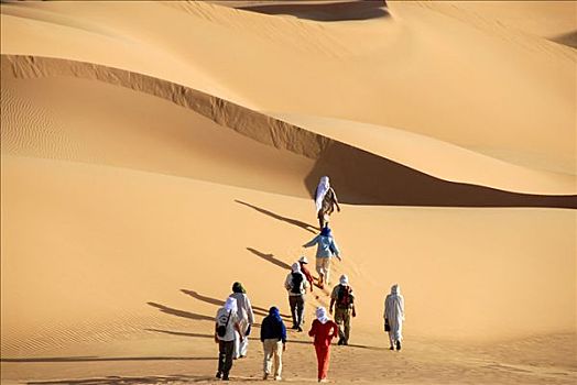 游客,远足,沙漠,利比亚