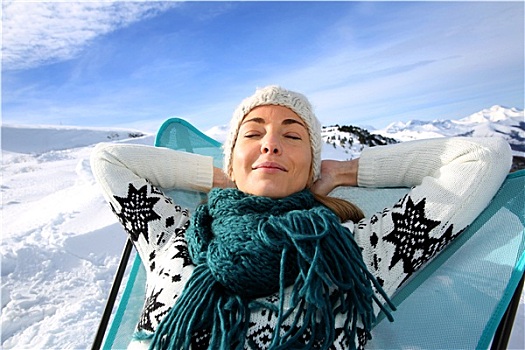 女人,滑雪胜地,放松,长,椅子