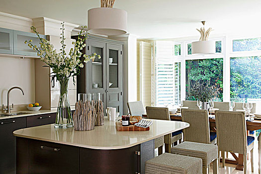 厨房,优雅,风格,岛屿,藤椅,桌面布置,背景