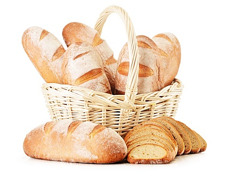 面包,柳条篮,隔绝,白色背景