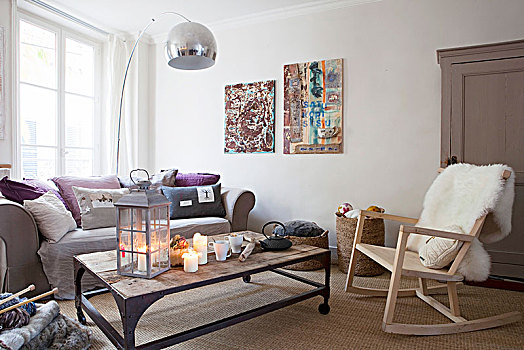 拱形,灯,摇椅,羊皮,毯子,舒适,烛光,客厅