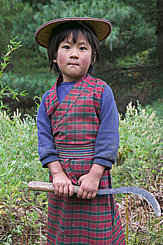 不丹,布姆唐,头像,小女孩,镰刀