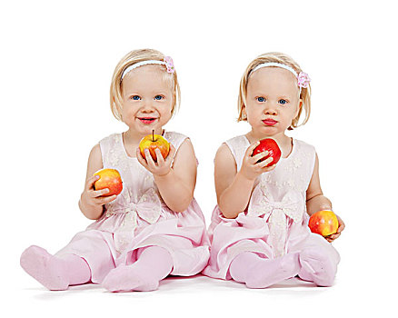孩子,双胞胎,概念,两个,女孩,玩,苹果