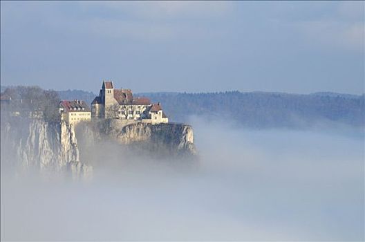 雾,高处,山谷,城堡,巴登符腾堡,德国,欧洲