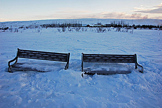iceland,geysir,two,lonely,benches,in,the,snow